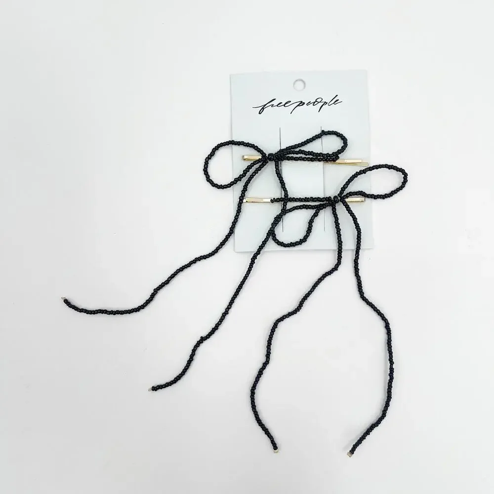 FREE PEOPLE Beaded Bow Barrette Dainty Clip Pin Hair Accessories Bead Black NWT